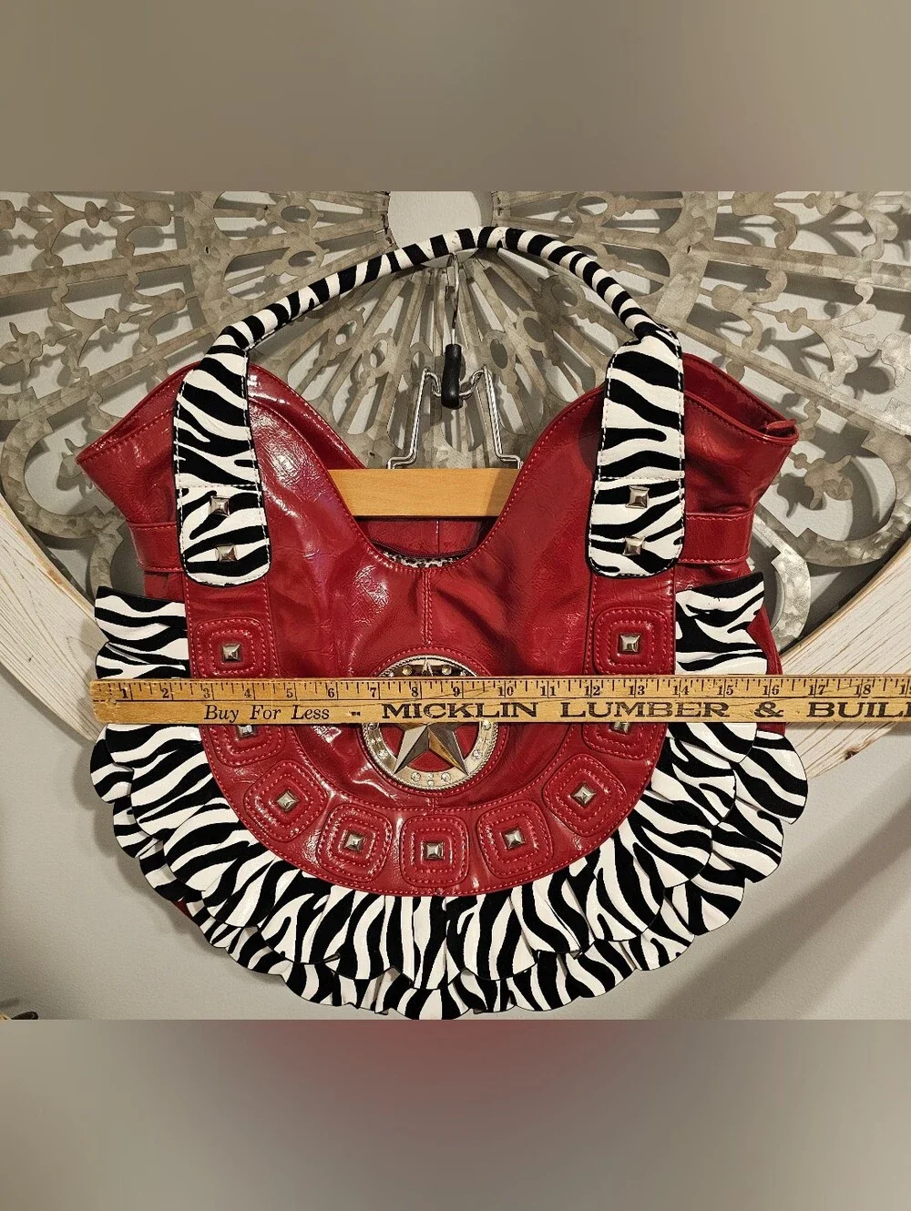 Fun, Fun, Red Star Accent Handbag with Zebra Ruffle Trim